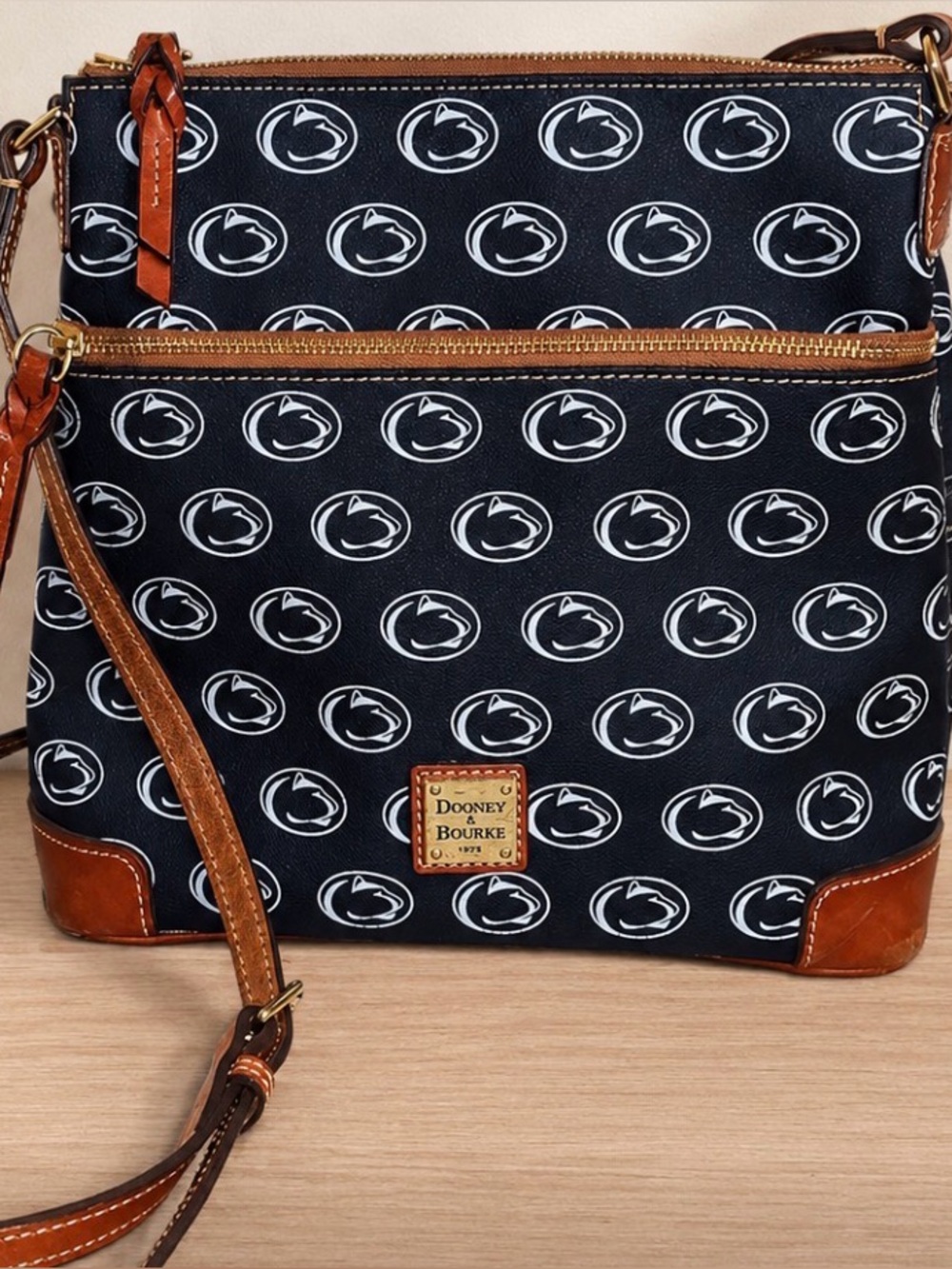 Dooney & Bourke Navy Canvas Penn State Crossbody with Brown Leather Trim